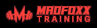 Madfoxx Training logo featuring red dumbbell icon and bold text on black background